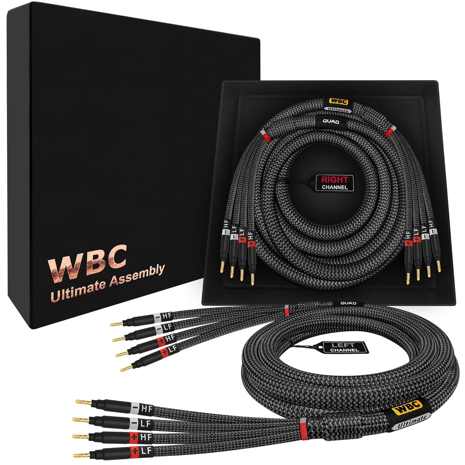 WORLDS BEST CABLES 6 Foot Ultimate - 12 AWG - Ultra-Pure OFC - Premium Audiophile HiFi Bi-Amp Speaker Cable Pair with Eminence Gold Banana Plugs & Carbon Tweed Jacket