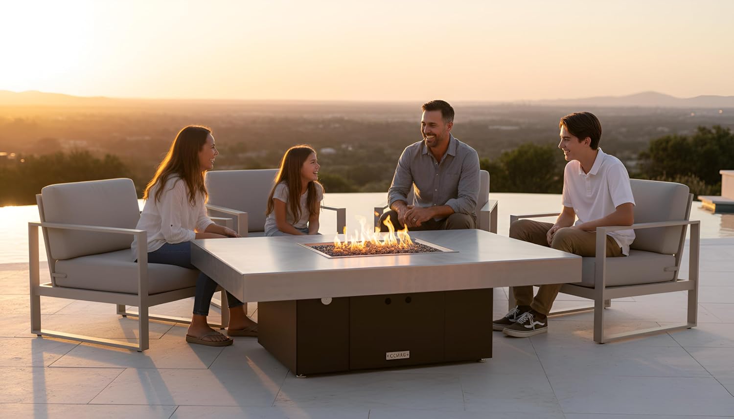 COOKE Santa Barbara Rectangular Fire Pit Table - 48 x 36 - Propane - Brushed Aluminum Top - Dark Cherry Powdercoat Base