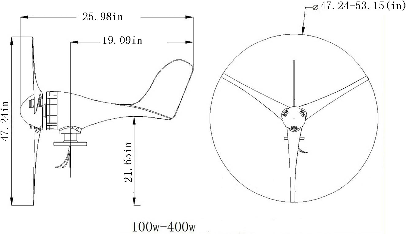 Small Wind Turbine Generator AC 12V or 24V, 100W 200W 300W 400W Economy Windmill for Wind Solar Hybrid System 2m/s Start Wind Speed 3 Blades(300Watt 24Volt)