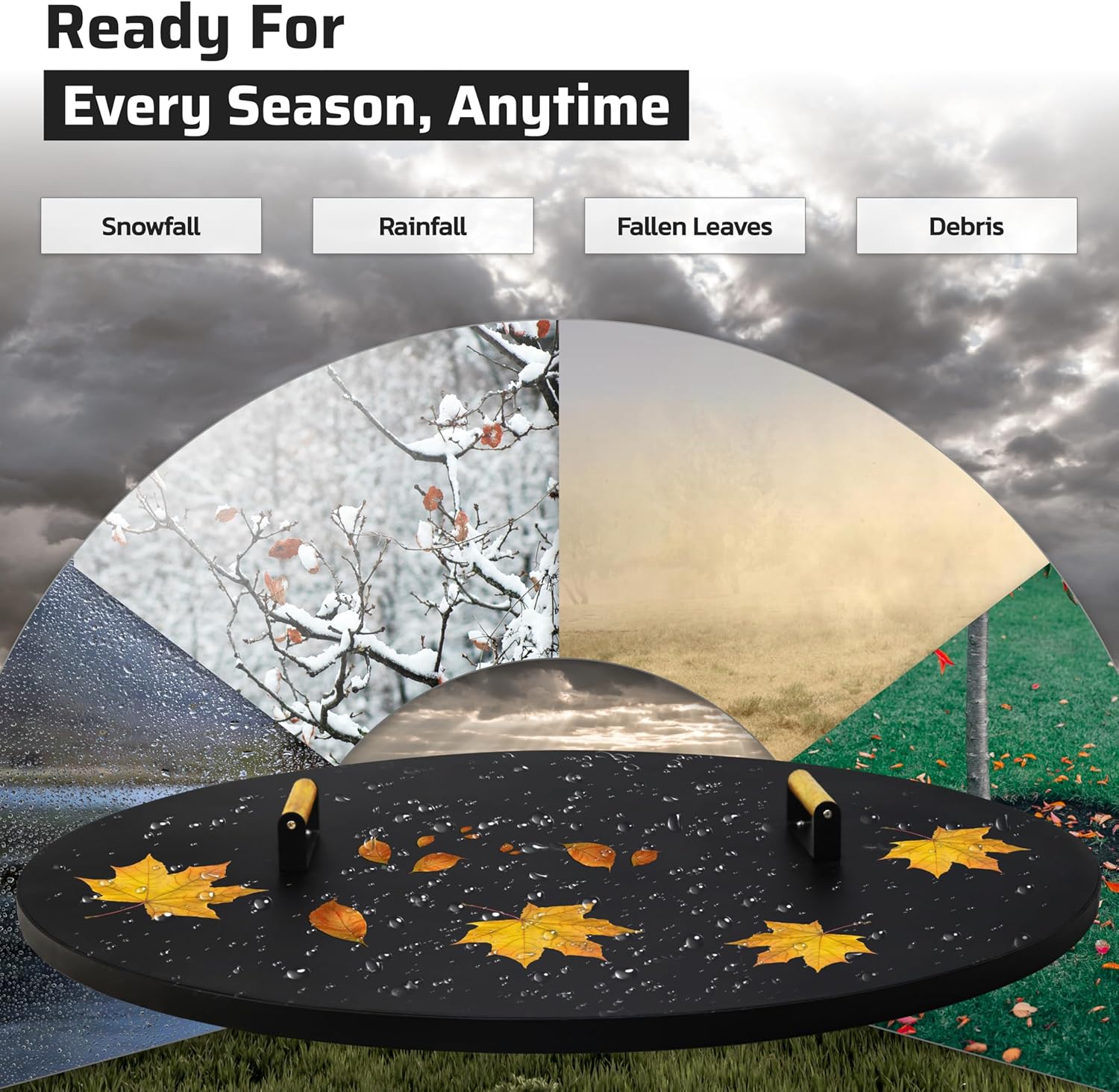 FEBTECH Fire Pit Shield 38 Inch - 16 Gauge Heat Resistant Coated Carbon Steel Fire Pit Burner Pan Cover Round with 2 Wooden Handles - Compatible with Fire Pits Inside Diameter Up to 36