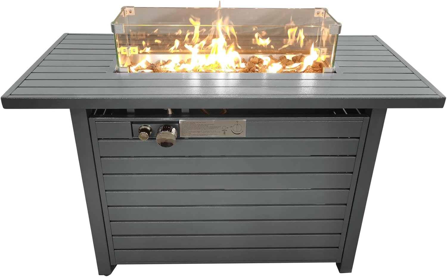 Penau 11 Inch H x 42 Inch L Steel Propane Outdoor Fire Pit Table with Lid - Modern Design, 50000 BTU, Lava Rock Filling, Garden & Patio Use, Gray