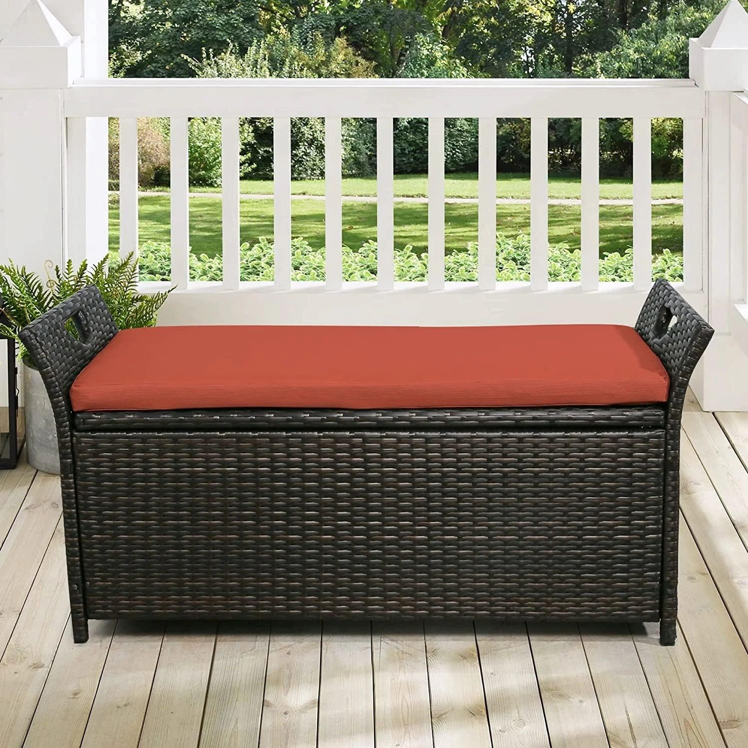 Generic Patio Wicker Storage Bench Outdoor Rattan Deck Storage Box with Red Cushion CI284