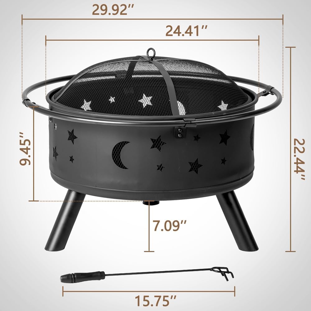 30 Inch Fire Pit, Wood Burning Fire Pits for Outside with Spark Screen and Poker, Outdoor Firepit, for Backyard, Porch, Camping, Picnic, Heating (Black)
