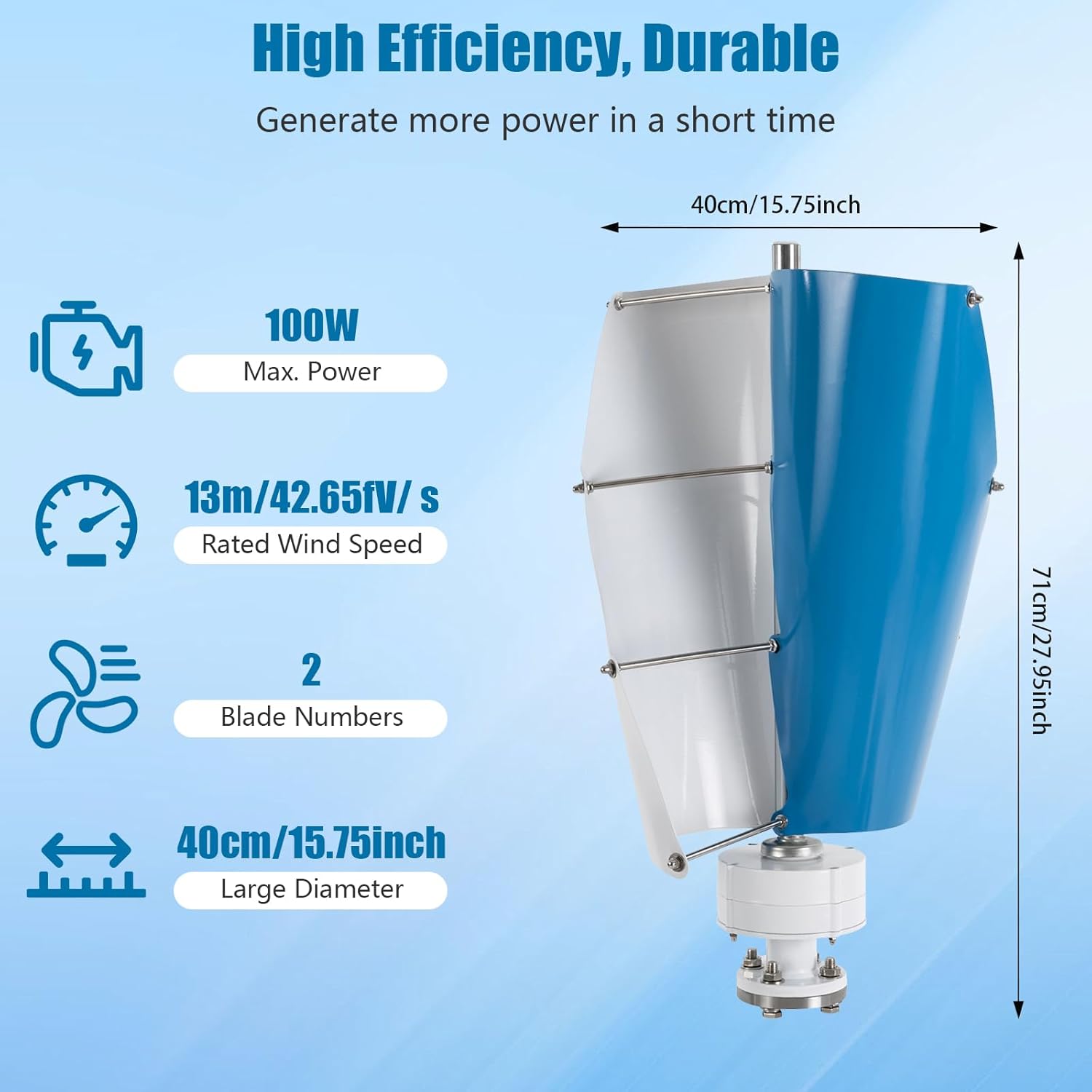 Wind Turbine,100W 12V Vertical Wind Turbine Generator Kit w/Controller,Automatically adjust,13m/s Rated Wind Speed for Home, Boats, Gazebos, etc