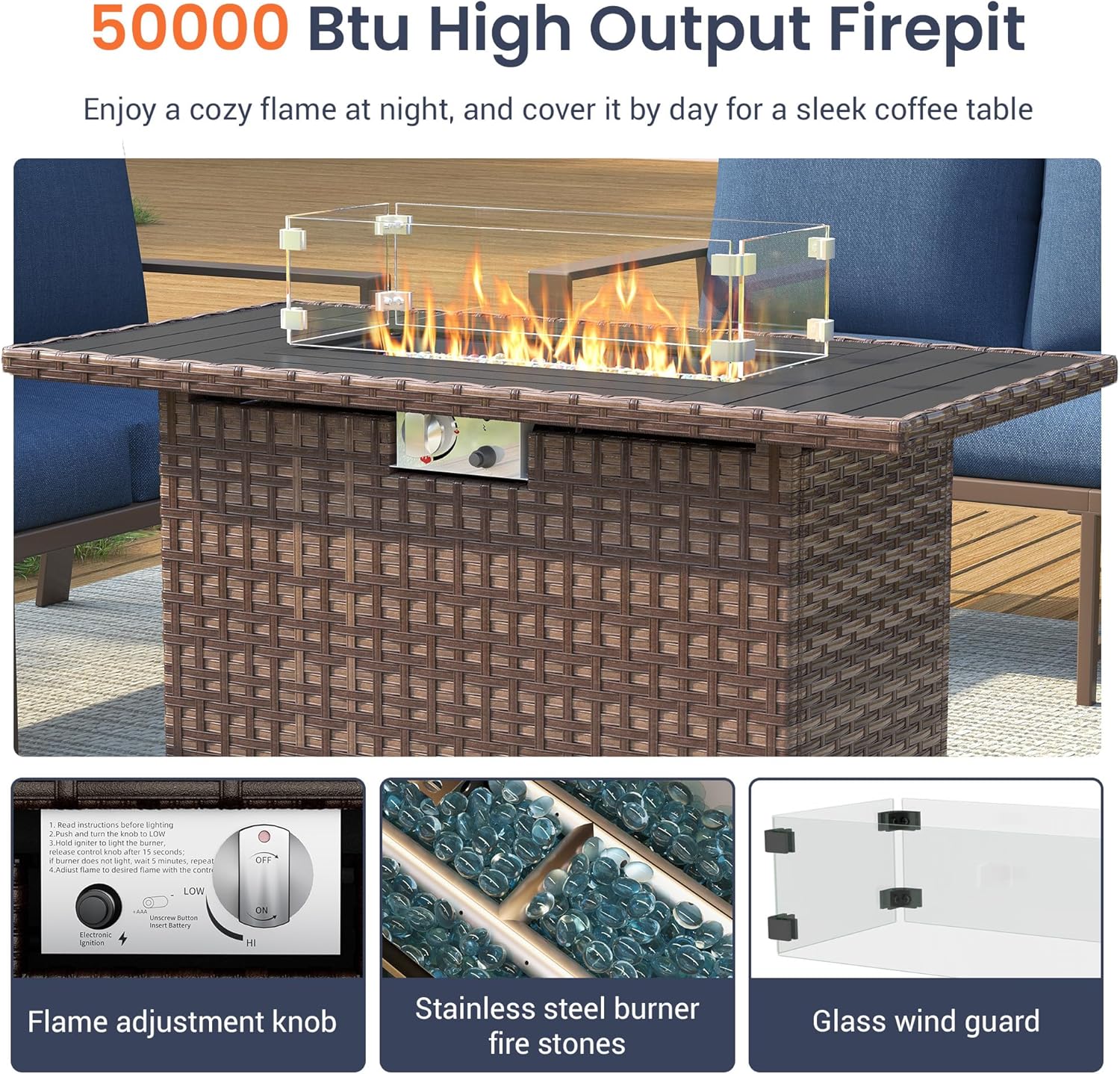 UDPATIO Patio Furniture Set with Fire Pit Table, 5-Seat Outdoor Aluminum Conversation Set, Modern Patio Sectional Furniture for Porch, Deck, Backyard, Navy