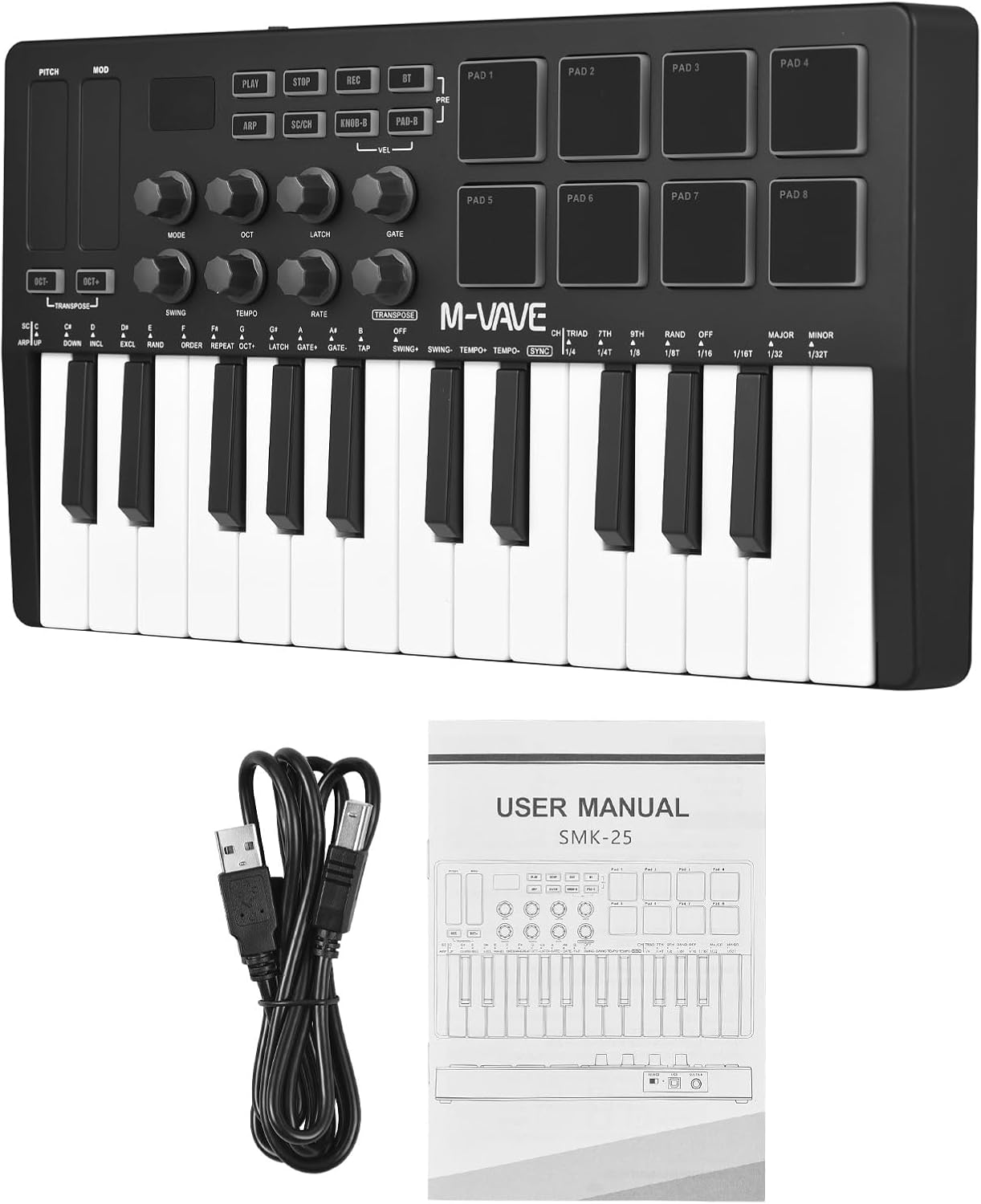 25-Key MIDI Control Keyboard Mini Portable USB Keyboard MIDI Controller with 25 Velocity Sensitive Keys 8 RGB Backlit Pads 8 Knobs