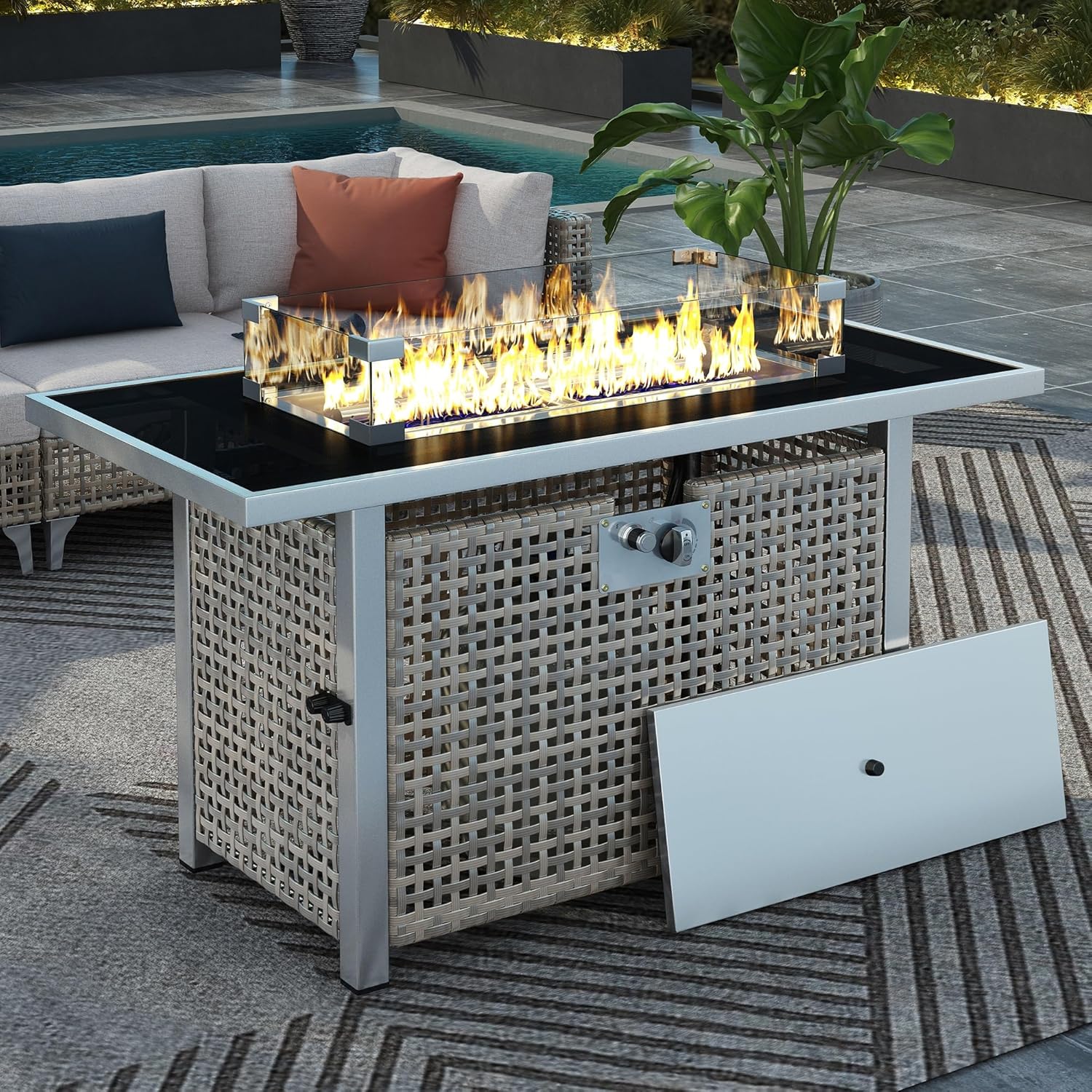 Propane Gas Fire Pit Table, 60000 BTU Rectangular Open Weave Wicker with Glass Wind Guard for Outside Patio Deck Garden Backyard(Grey)