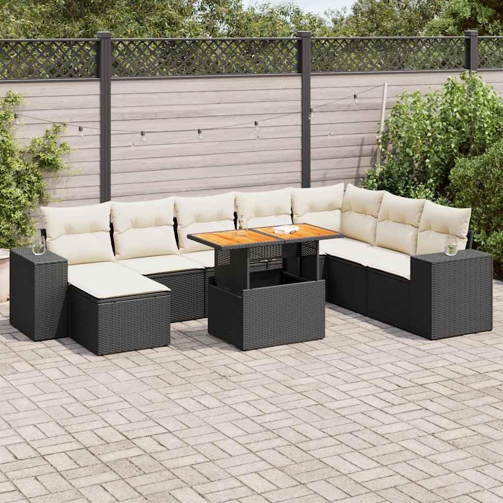 9-Piece Garden Sofa Set, Black Poly Rattan, Solid Acacia Wood Outdoor Furniture, Weather-Resistant Patio Dining Sets for Balcony, Terrace