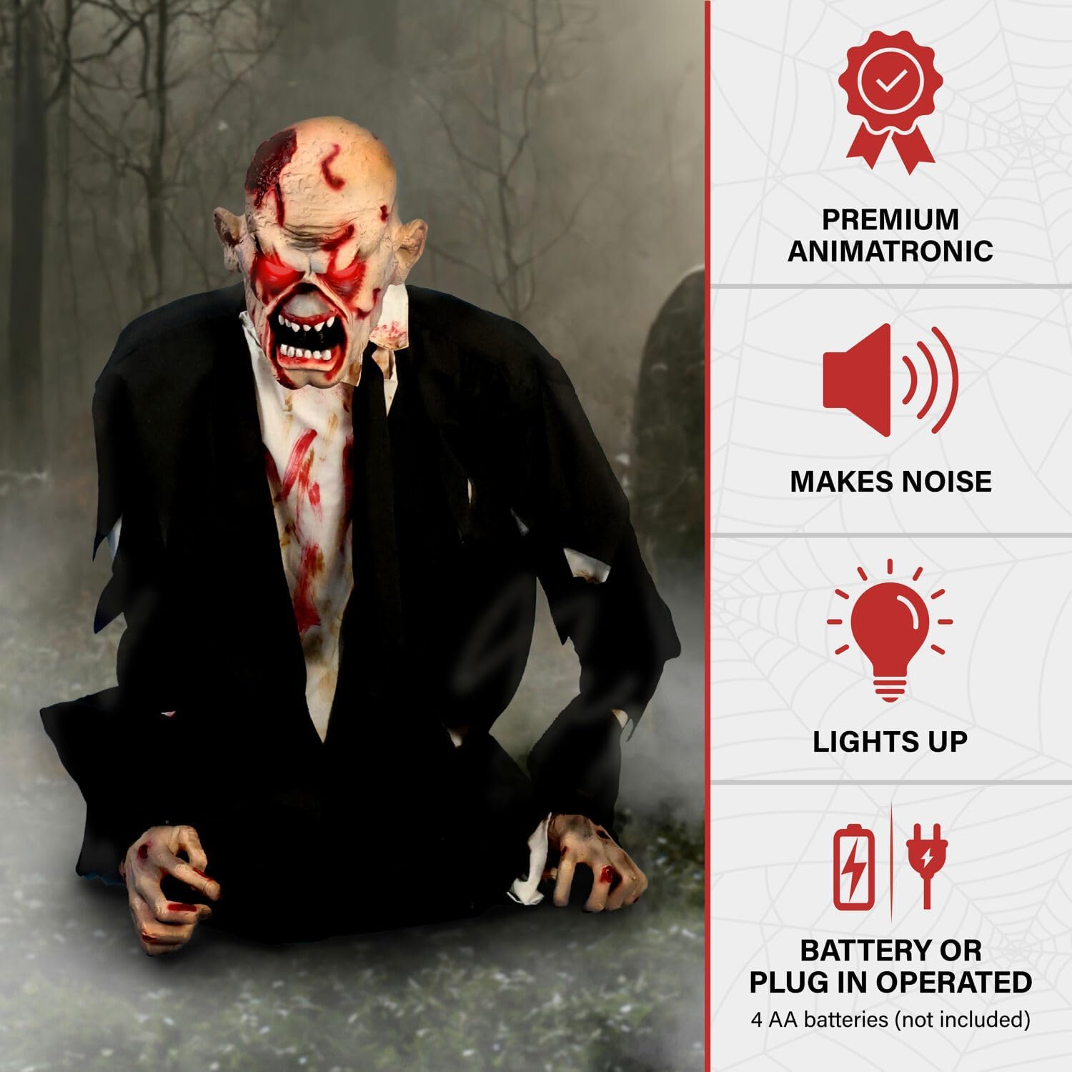 Haunted Hill Farm Damien by Tekky, Battery-Operated, Motion and Sound Activated Animatronic Zombie with Sound Effects and Lights for Indoor or Covered Outdoor Creepy Halloween Decoration