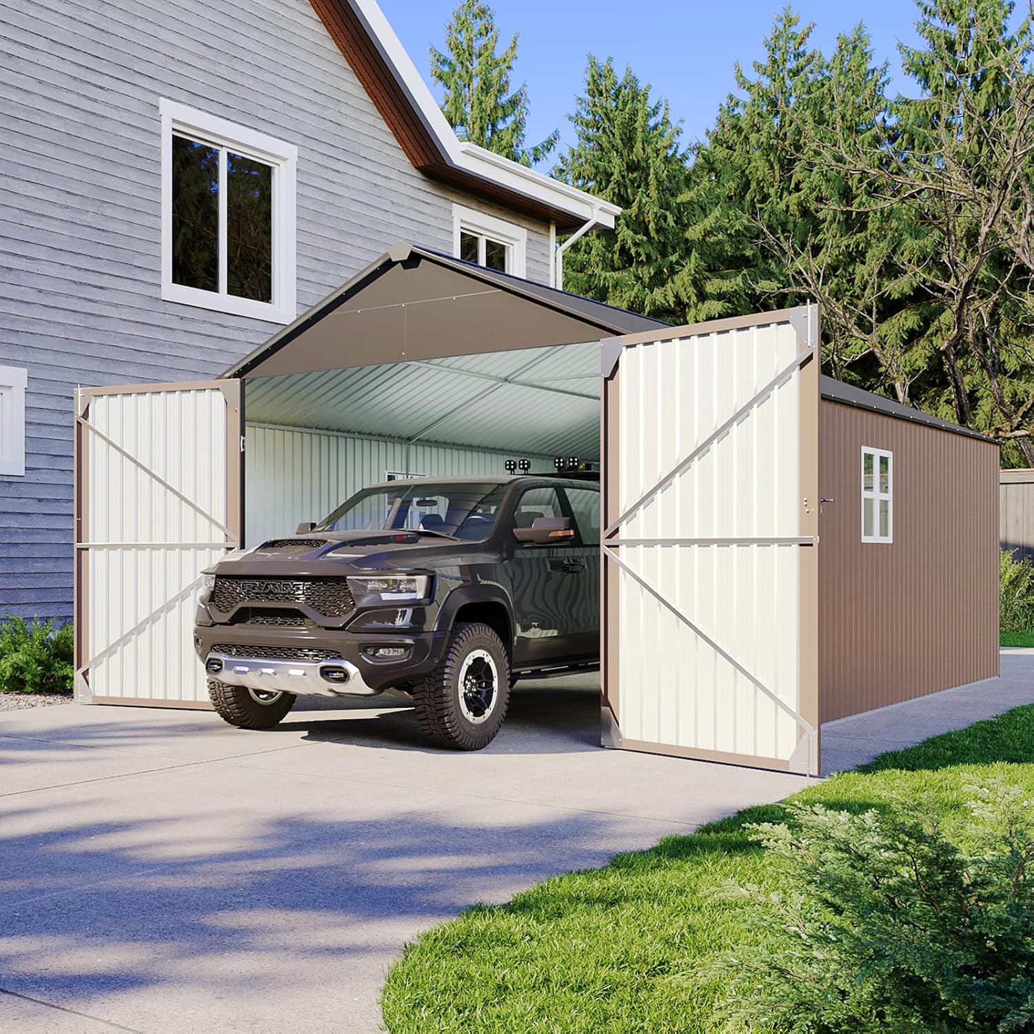 Aoxun 12'x20' Carport Shed Outdoor Metal Storage Sheds with Lockable Door & Sloping Roof- Ideal for Tools, Garden Equipment & Bikes, Perfect for Patio Placement(Brown)