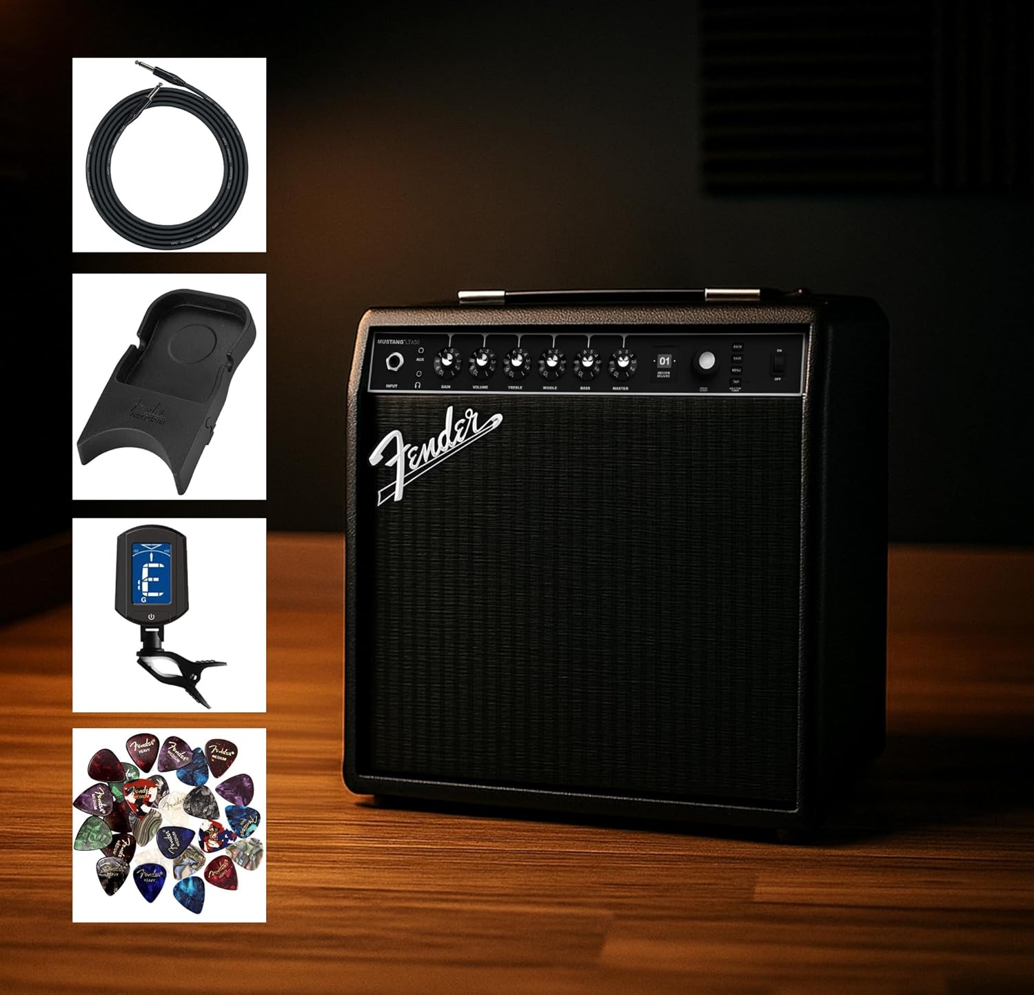 Fender Mustang LTX100 Guitar Combo Amplifier - Black Bundle with Amperstand Cradle, Tuner, Instrument Cable, and Austin Bazaar Exclusive 24-Pack Picks