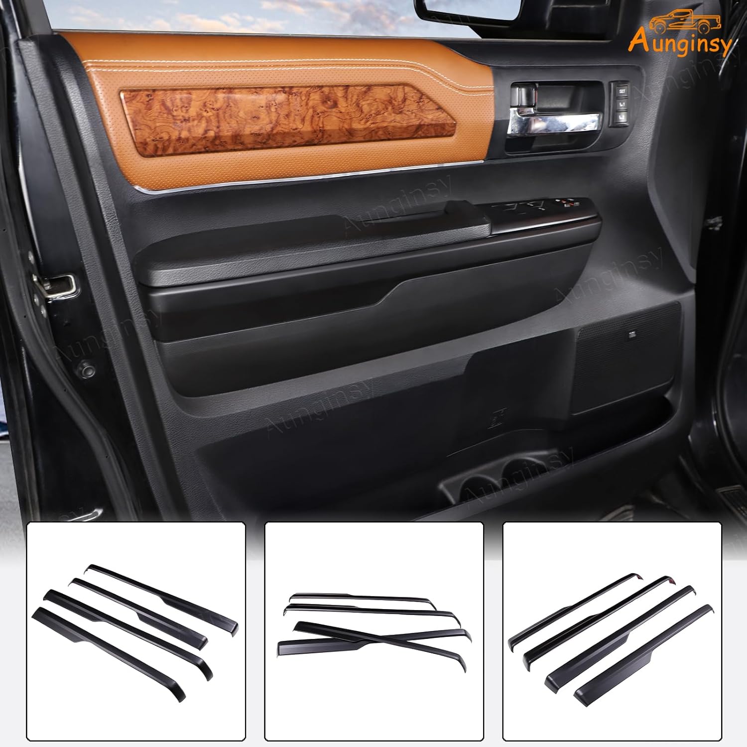 Aunginsy Inner Door Handle Armrest Panel Strips Trim Compatible with Toyota Tundra 2014-2021 Car Front Rear Door Panel Decorative Cover Protector ABS Interior Accessories (Not fit Double Cab Model!)