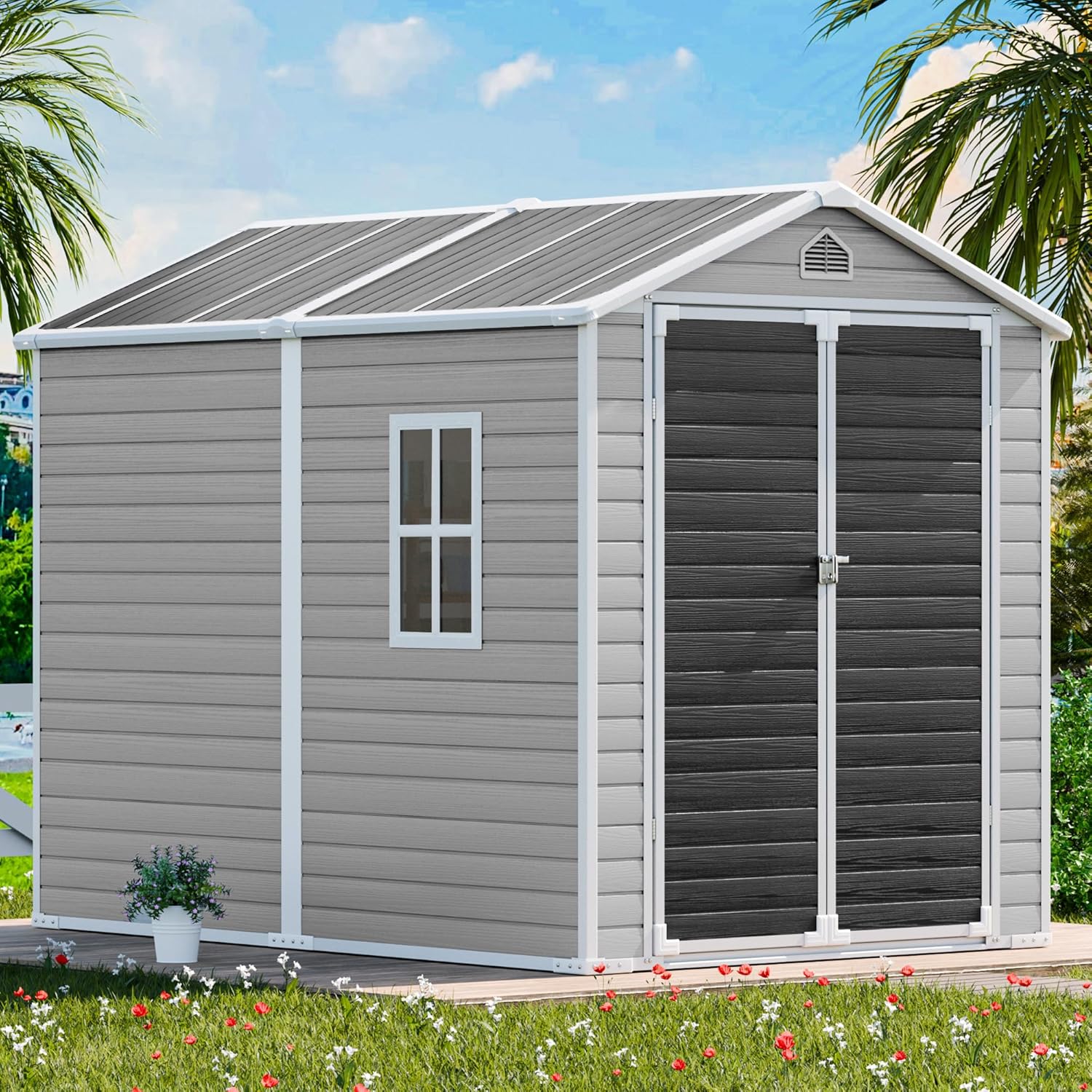 CDCASA 8x6 FT Resin Storage Shed, Large Waterproof Outdoor Sheds with Floor & Lockable Door & Vents, Outside Plastic Tool Shed for Backyard, Patio, Poolside, Cabinet