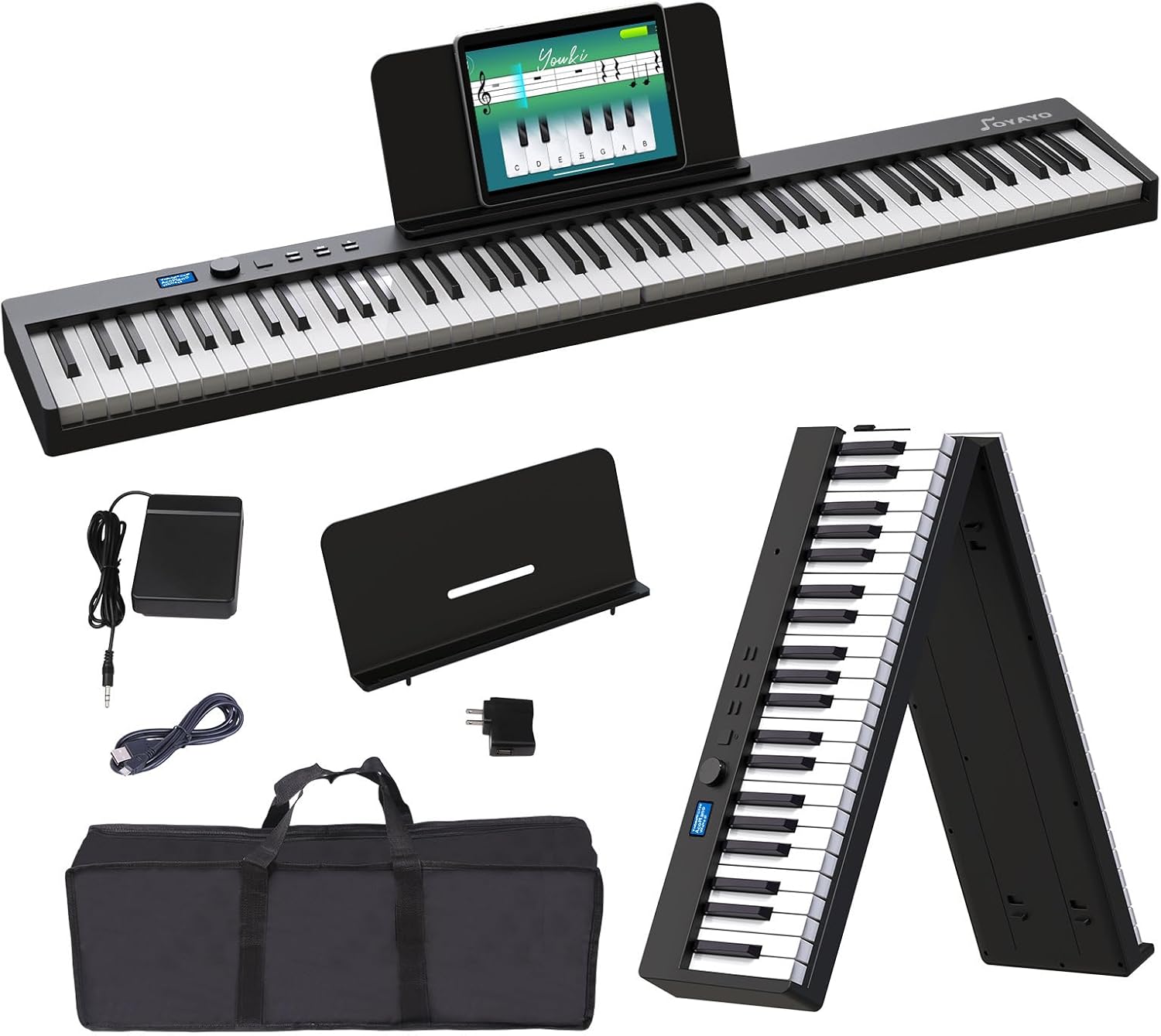 Folding Piano Keyboard 88 Key, Portable Piano Keyboard with Standard Semi Weighted Key, Foldable Piano Support Bluetooth/MIDI with Pedal, Speakers, Ideal for Beginner and Adult