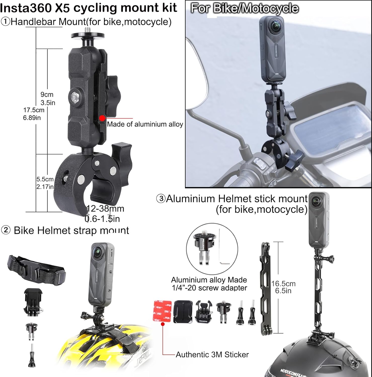 PellKing Accessories Kit for Insta360 X5,Included Carrying Case with Belt,135cm Selfie Stick Tripod,Aluminium Handlebar Clamp.2 Pcs Metal 1/4
