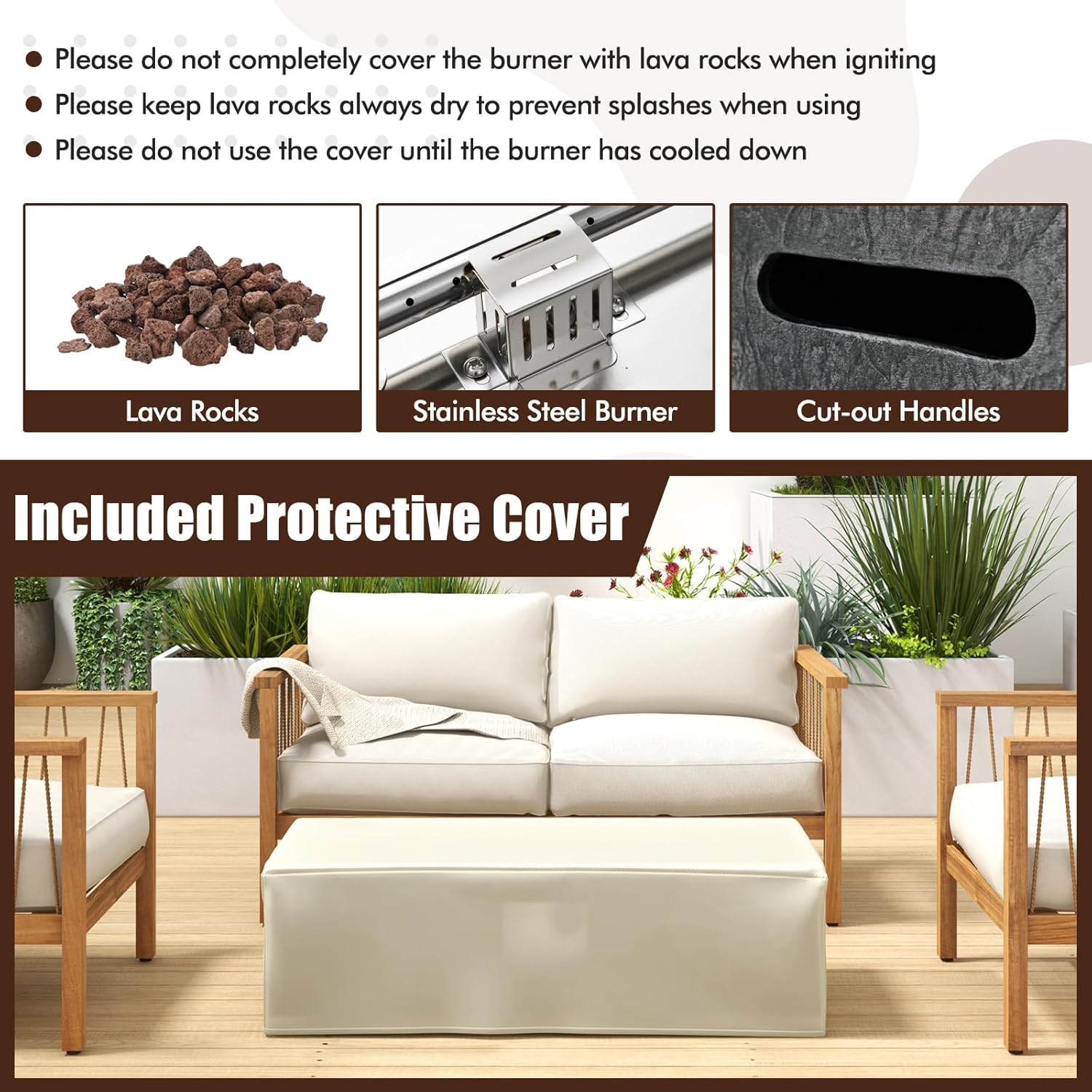 Tangkula 42.5 Inches Outdoor Propane Fire Pit Table, 50,000 BTU Rectangular Magnesium Oxide Gas Firepit with Stainless Steel Burner, Lava Rock and Protective Cover