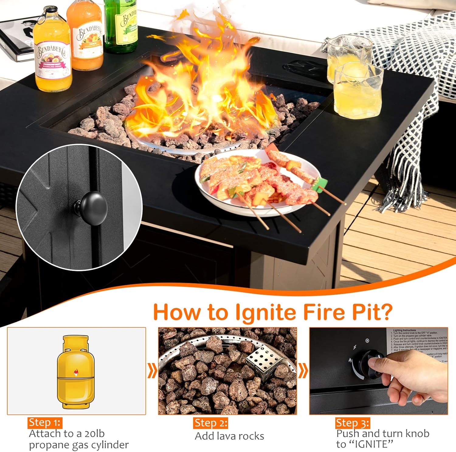 COSTWAY 28 Inches Outdoor Propane Fire Pit Table, 50,000 BTU Patio Gas Fire Pit Table, 2-in-1 Square Auto-Ignition Fire Pit Table with Lid and Lava Rocks for Patio, Backyard, Party, CSA Certification