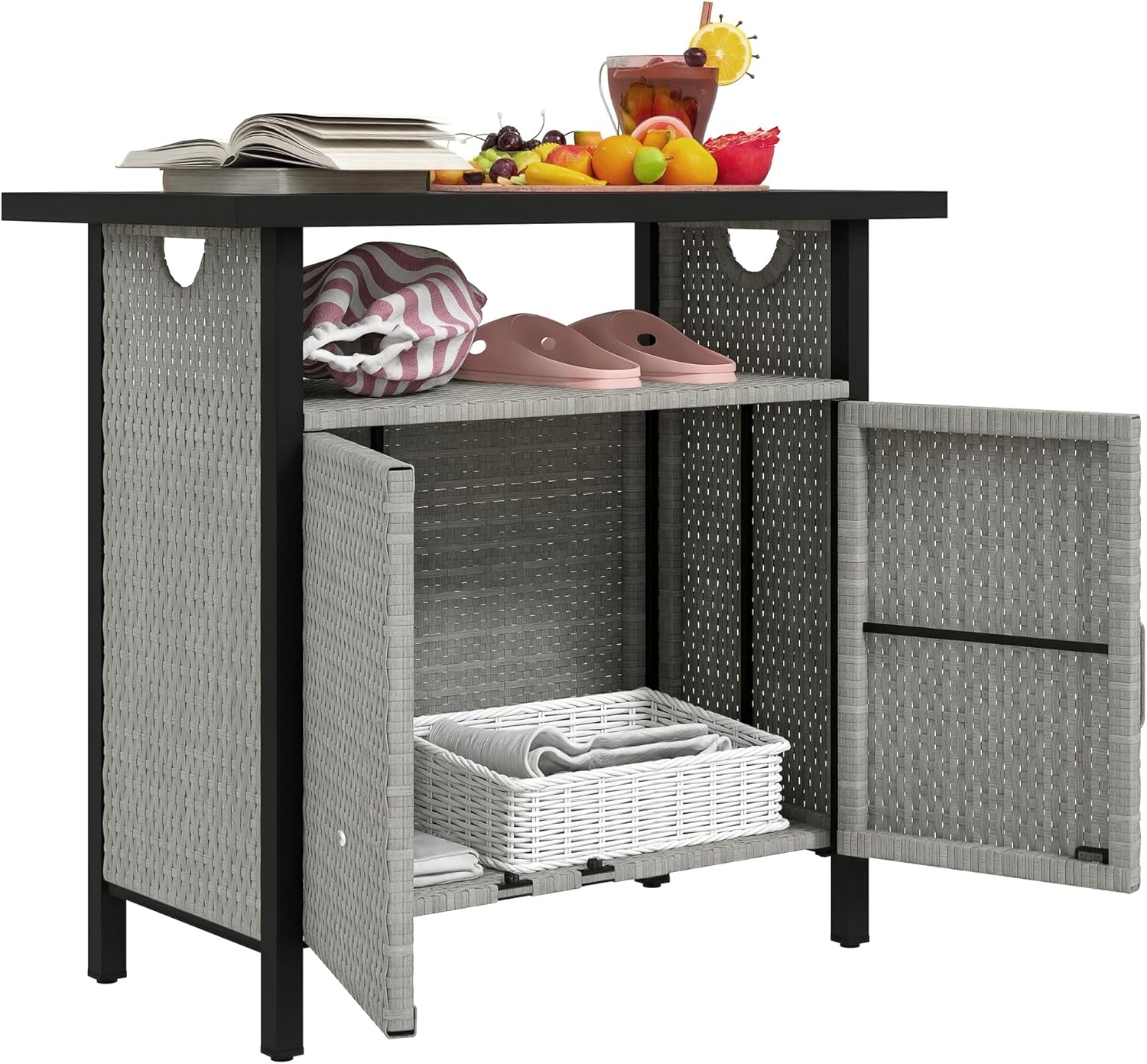 Outsunny Outdoor Pool Towel Storage Cabinet Organizer, Outdoor Bar Table with Shelf and Cabinet, Pool Towel Holder Pool Valet with Weather-Resistant PE Rattan and Steel Frame, Gray