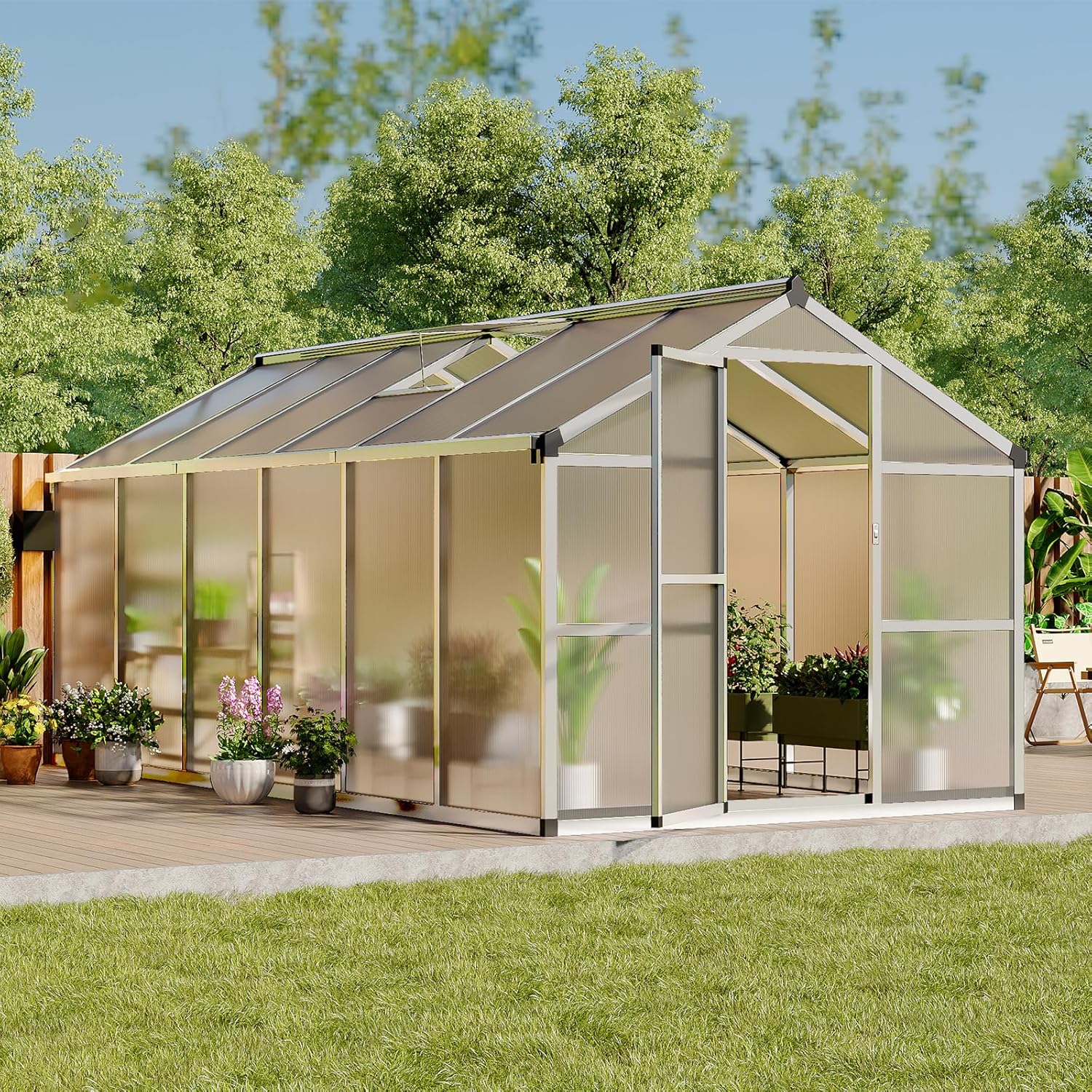 Greenhouse, 8x12 Ft Outdoor Greenhouses, Accessible Green House with Roof Vents and Sliding Doors, Aluminum Frame Polycarbonate Greenhouses, Large Greenhouse for Outdoor Gardens and Backyards, Silver