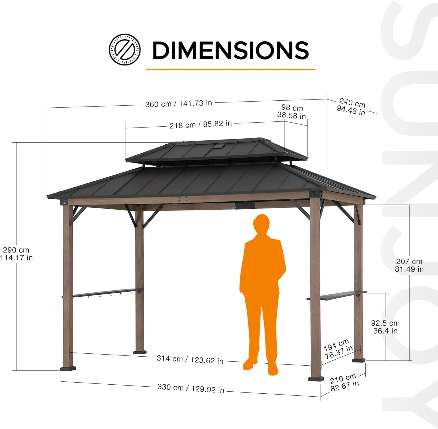 Sunjoy Wooden Grill Gazebo, 8 x 12 ft. Steel Hardtop Gazebo with Solar Power for Year-Round Grilling - 2 Full Size Grills, Griddles or Smokers - Outdoor Cooking Shelter for Backyard BBQs Party, Brown