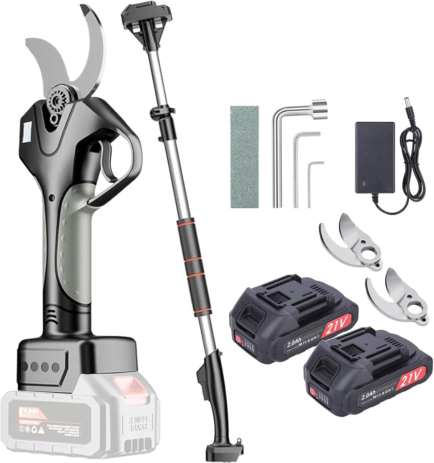 Electric Pruning Shears, 50mm Garden Secateur, Long Reach Pruner Branch Scissors with 2.1m Pole, 2 Battery Working 10-12 Hours, For Hedge, Bush, Orchard