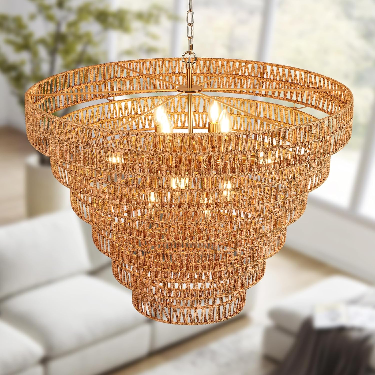 31.5“ Hand-Woven Rattan Chandelier Vintage Farmhouse 12-Lights Boho Bamboo Large Chandeliers Light Fixture 6-Tier Drum Wicker Golden Chandelier for Dining Room, Living Room, Kitchen, E12