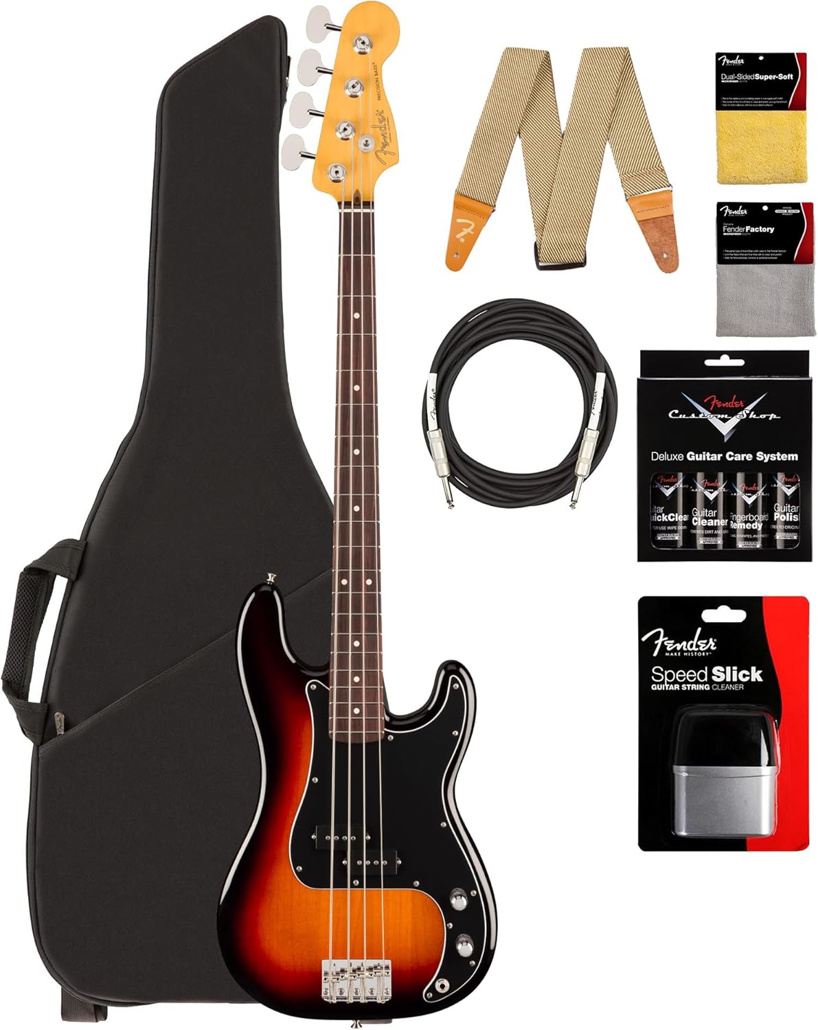 Fender American Professional Classic Precision Bass - 3-Color Sunburst Bundle with Gig Bag, Strap, Cable, and Guitar Cleaning Kit