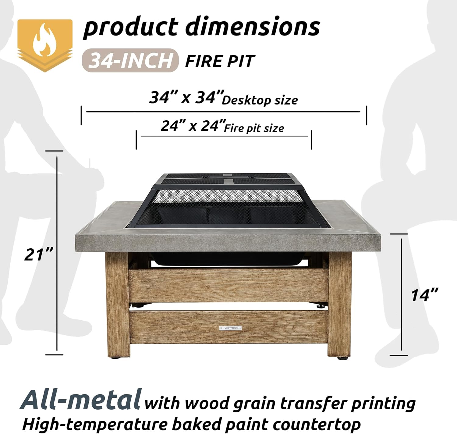 Firepits for Outside，Wood Burning Fire Pit with Wood-Grain Side Panels,Firepit for Outside with Mesh Cover & Fire Poker,Square Modern Outdoor Fireplace Fire Table. (Countryside)