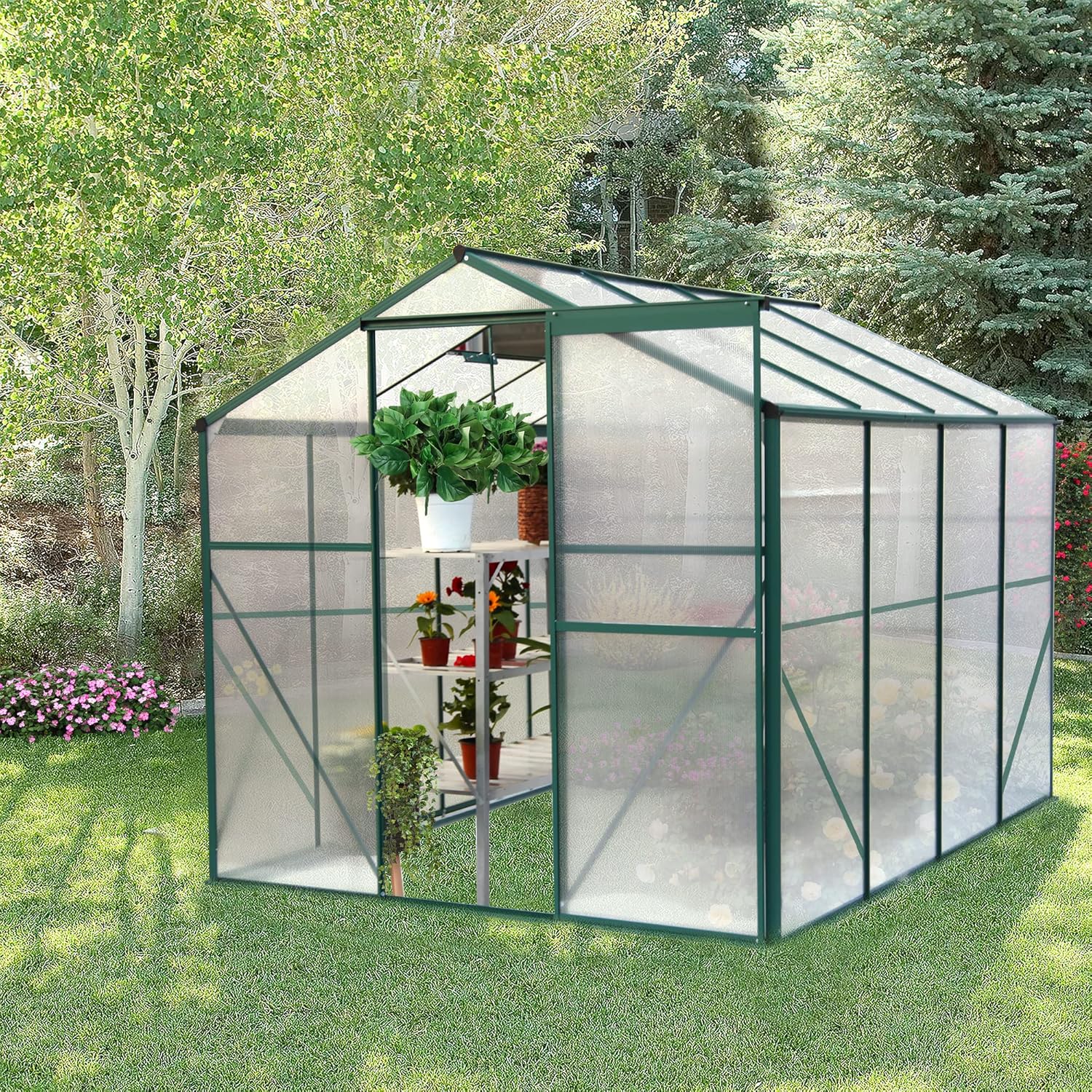 6x8 FT Polycarbonate Greenhouse, with Sliding Door and Adjustable Roof, Heavy Duty Walk-in Greenhouse Aluminum Sunroom Hot House for Outdoor Garden Backyard,Green