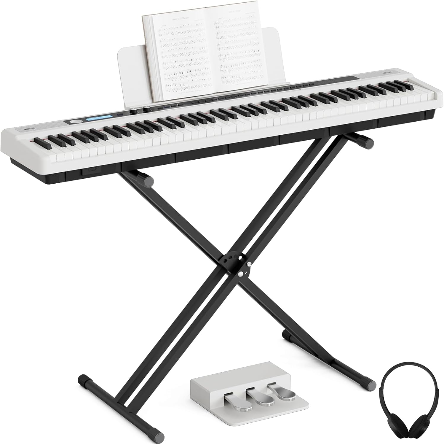 UMOMO 88 Key Digital Piano Keyboard with Piano X Stand, Full Size Electric Piano with Headphone, 3 Pedal, Electronic Piano, White