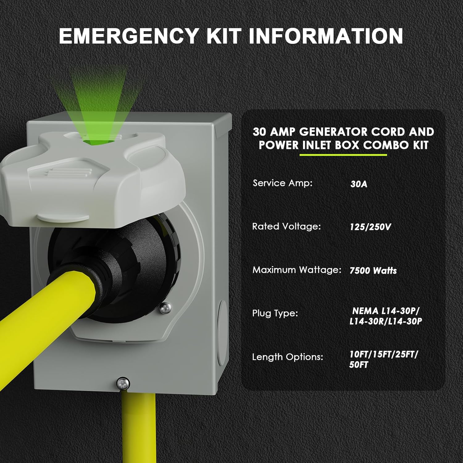 30 Amp Generator Cord 25FT and Power Inlet Box, NEMA L14-30P/L14-30R 125/250V Twist Lock Connector with Pre-Drilled NEMA L14-30P Generator Inlet Box for Generator to House, ETL Listed