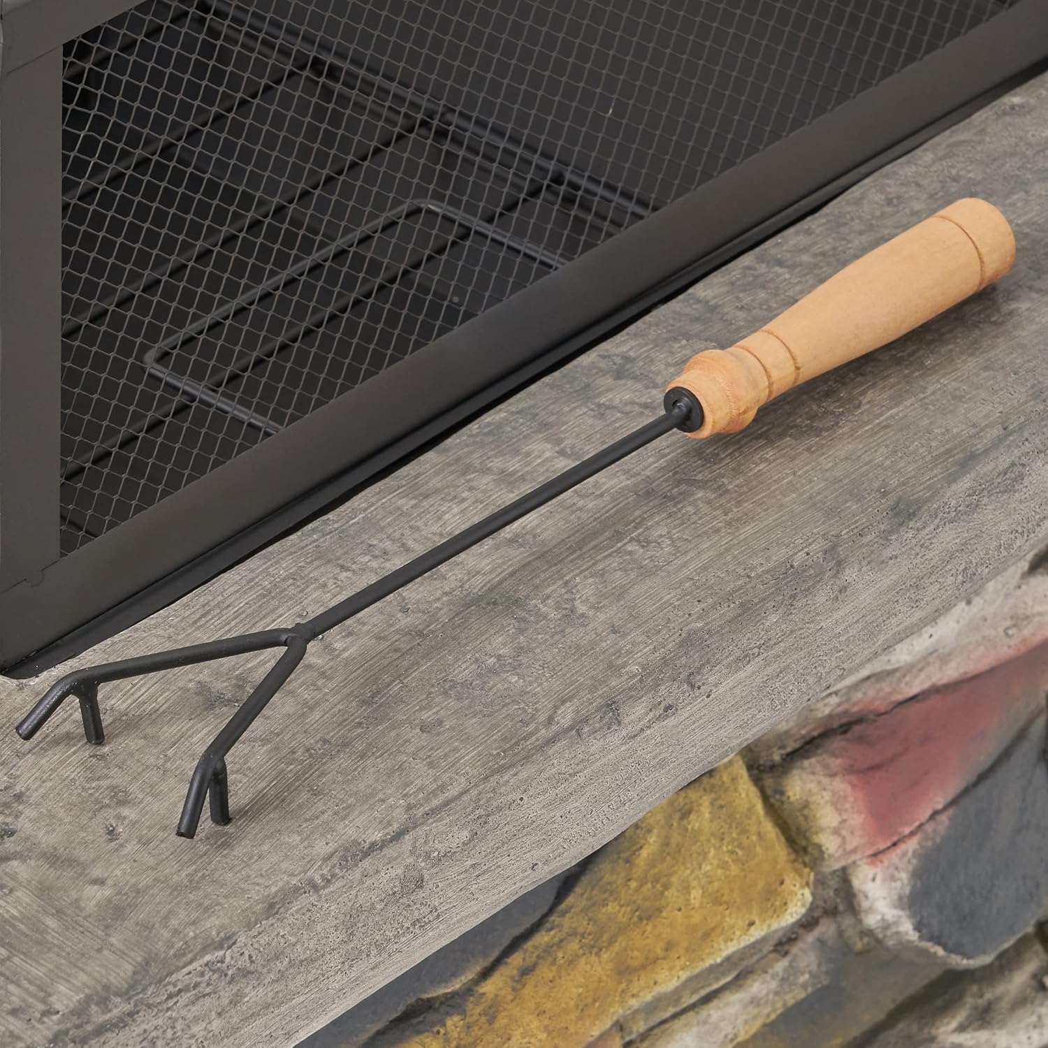 GDFStudio Outdoor 5 Piece Acacia Wood/Light Weight Concrete Adirondack Chair Set with Fire Pit, White Finish and Natural Stone Finish