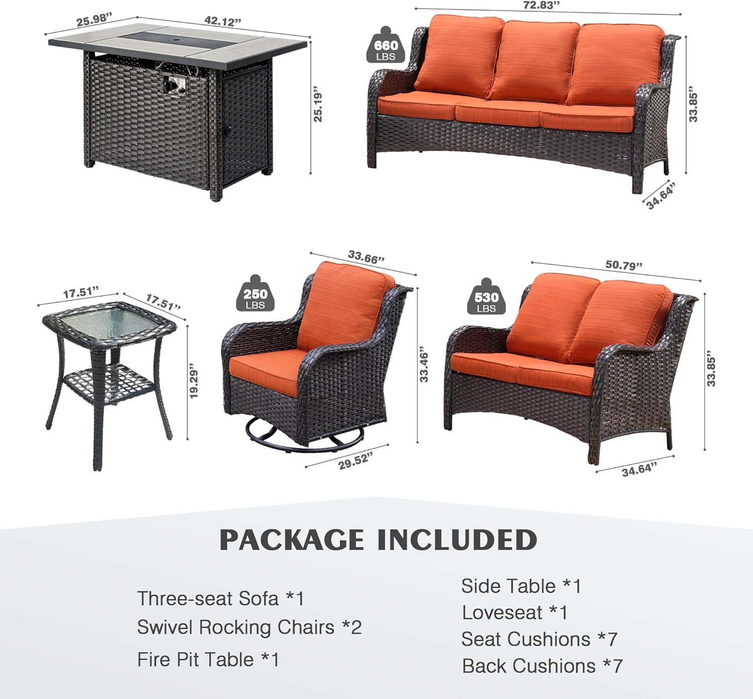 HOOOWOOO Patio Outdoor Furniture Set with Fire Pit Table,6 Piece Wicker Couch Sofa Swivel Chair Set,Weather Resistant Conversation Seating High Back Curve Arm(Orange Red)