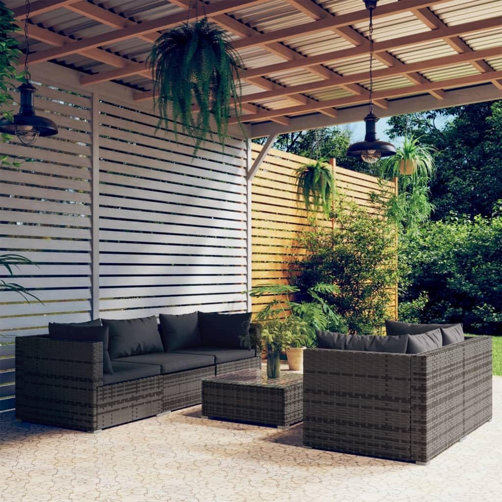 6 Piece Patio Lounge Set with Cushions Poly Rattan Gray Garden Furniture