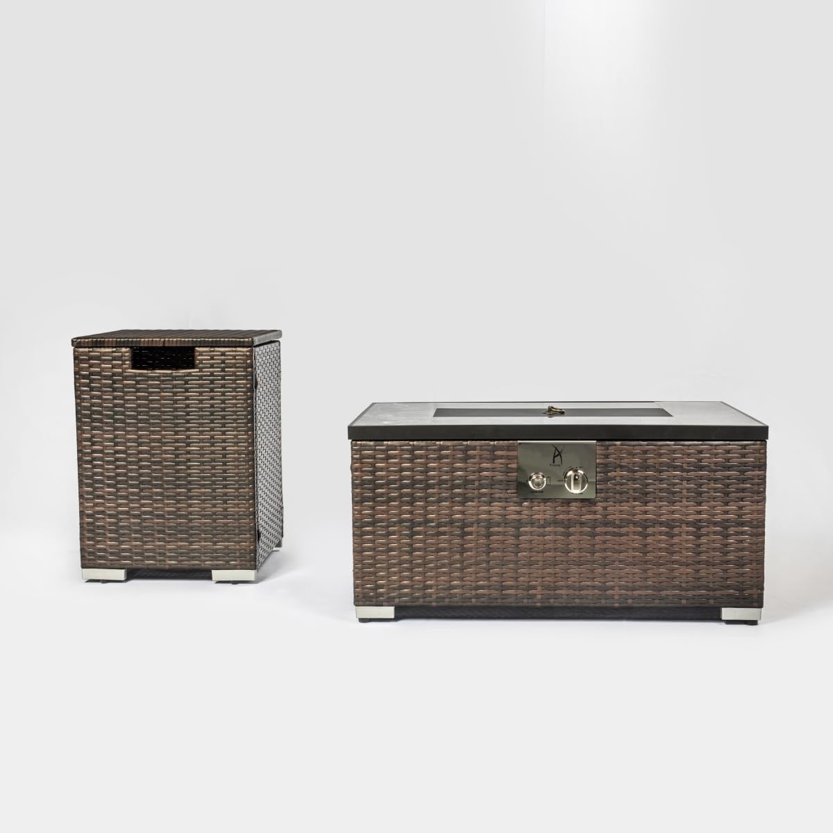 32-inch Rectangle Wicker Fire Pit Table with Tank Cover, 40,000 BTU Outdoor Propane Fire Table with Ceramic Tile Top for Patio, Garden - Dark Brown