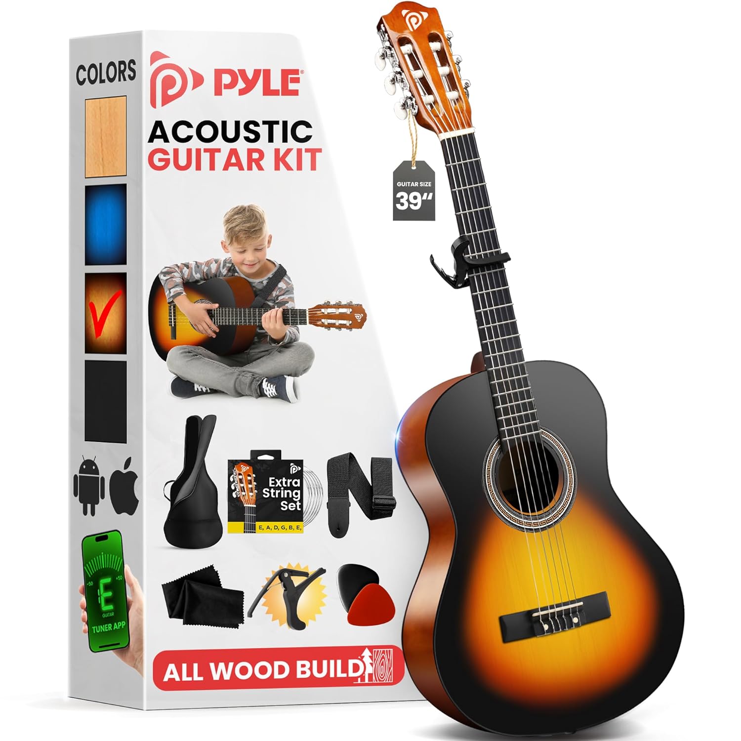 Pyle Beginner Acoustic Guitar Kit, 3/4 Junior Size All Wood Instrument for Kids, Adults, 36