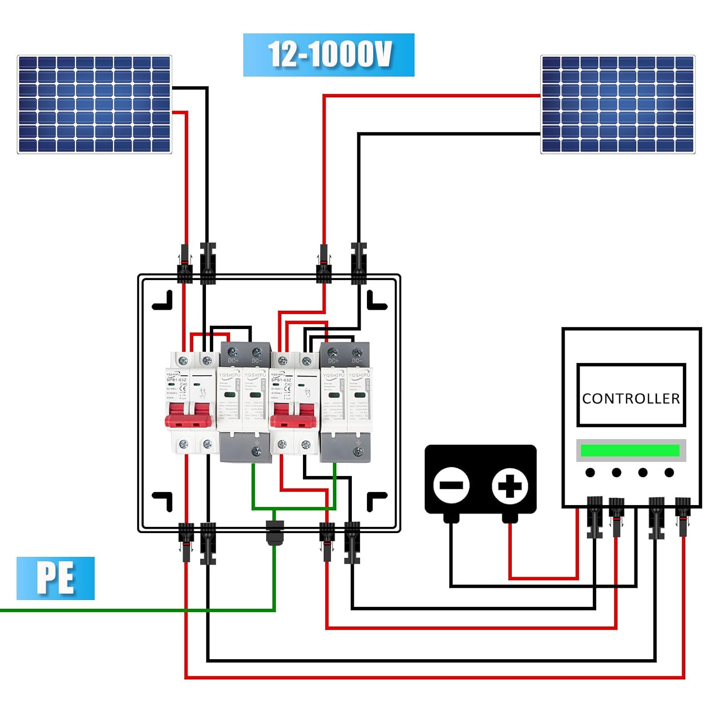 2 String 1000V Solar Disconnect Switch PV Combiner Box, 63A DC Circuit Breaker Box with Surge Protector and Solar Panel Connectors, IP65 Waterproof Plug-and-Play