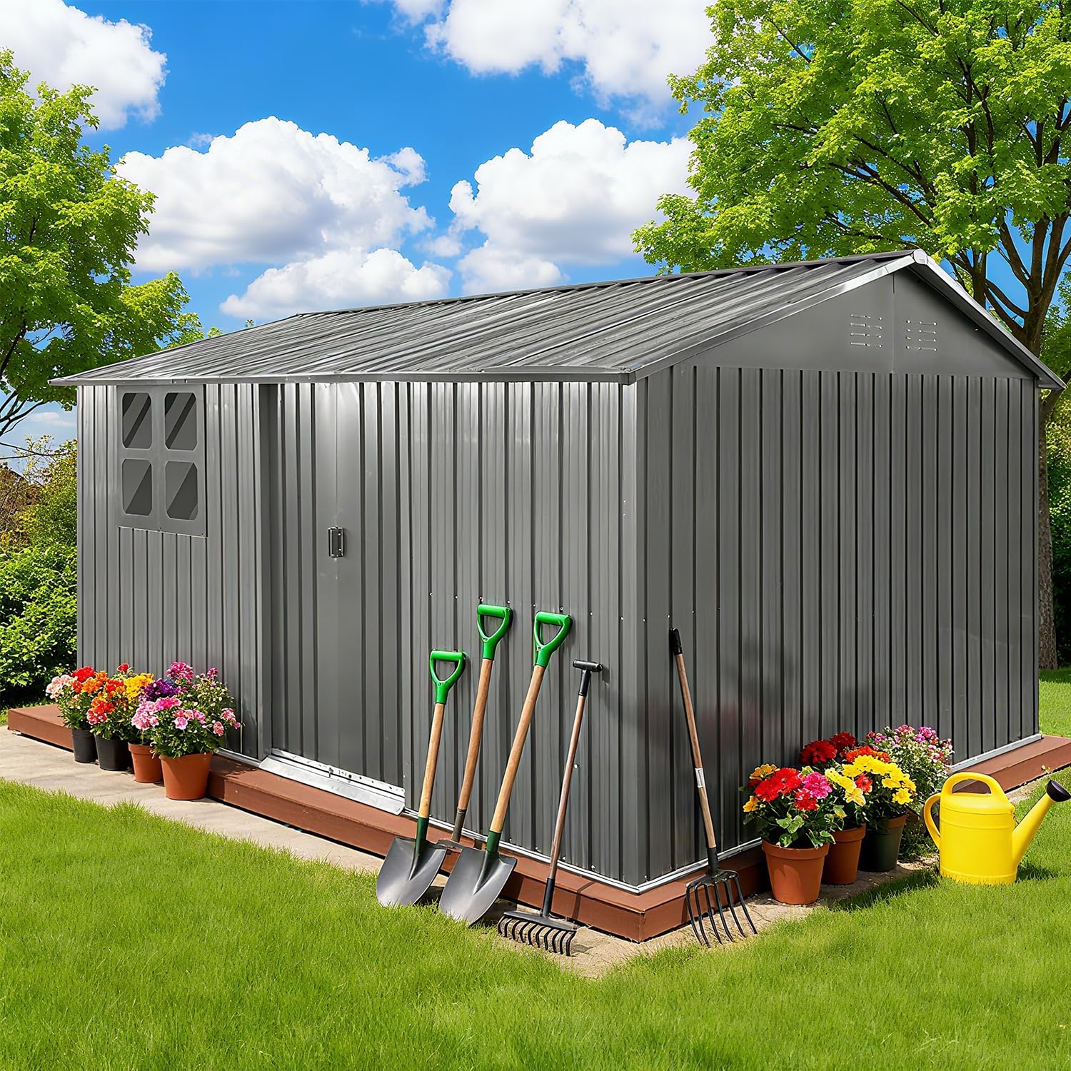12 x 10 FT Outdoor Storage Metal Shed, Bike Garden Tool Shed with Slooping Roof, Lockable Doors and Aluminum Frames, Shed Easy to Assemble for Garden, Patio, Lawn, Grey