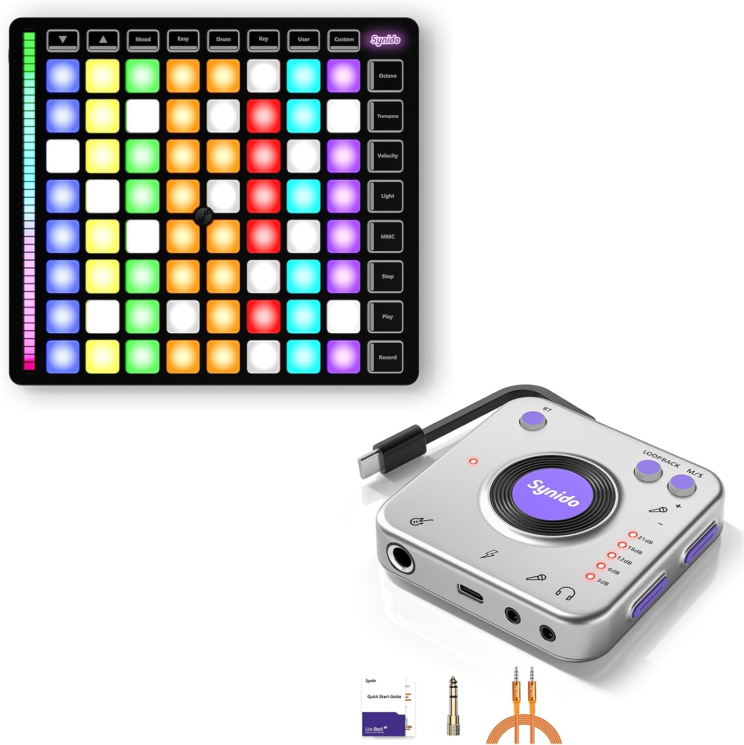 Synido MIDI Pad Beat Maker Machine with 64 Velocity Sensitive RGB Pads and Synido Audio Interface for Recording Music with Instrument Gain Control
