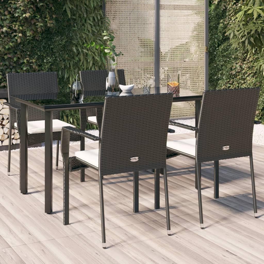 5 Piece Patio Dining Set with Cushions Black Poly Rattan,Elegant Outdoor Dining Set: Modern Rattan Chairs and Glass Table for Patio or Garden Patio Furniture Sets, Outdoor Furniture Sets