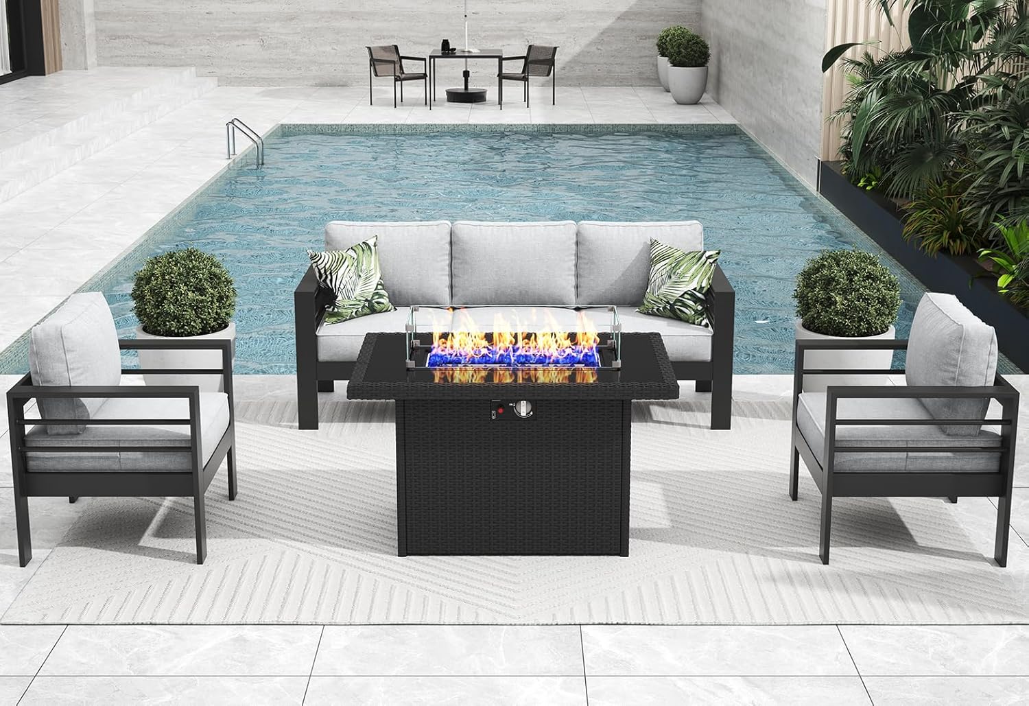 4 Pieces Modern Aluminum Patio Furniture Set with Fire Pit Table, Outdoor Conversation Sets Metal Sectional Sofa