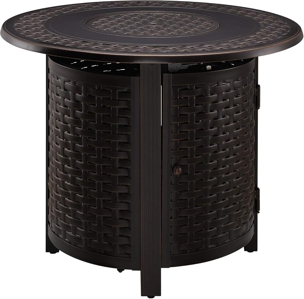 Hendricks Woven Aluminum Convertible Gas Fire Pit Table 37,000 BTU Multi-Functional Outdoor with Fire Bowl Lid, Nylon Weather Cover & Clear Fire Glass - Bronze Finish - Round - 34
