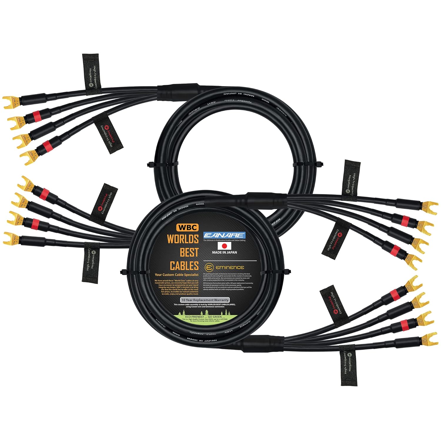 WORLDS BEST CABLES 10 Foot - Canare 4S11 – Audiophile Grade - HiFi Star-Quad Bi-Amp Speaker Cable Pair with Eminence Gold Spade Connectors