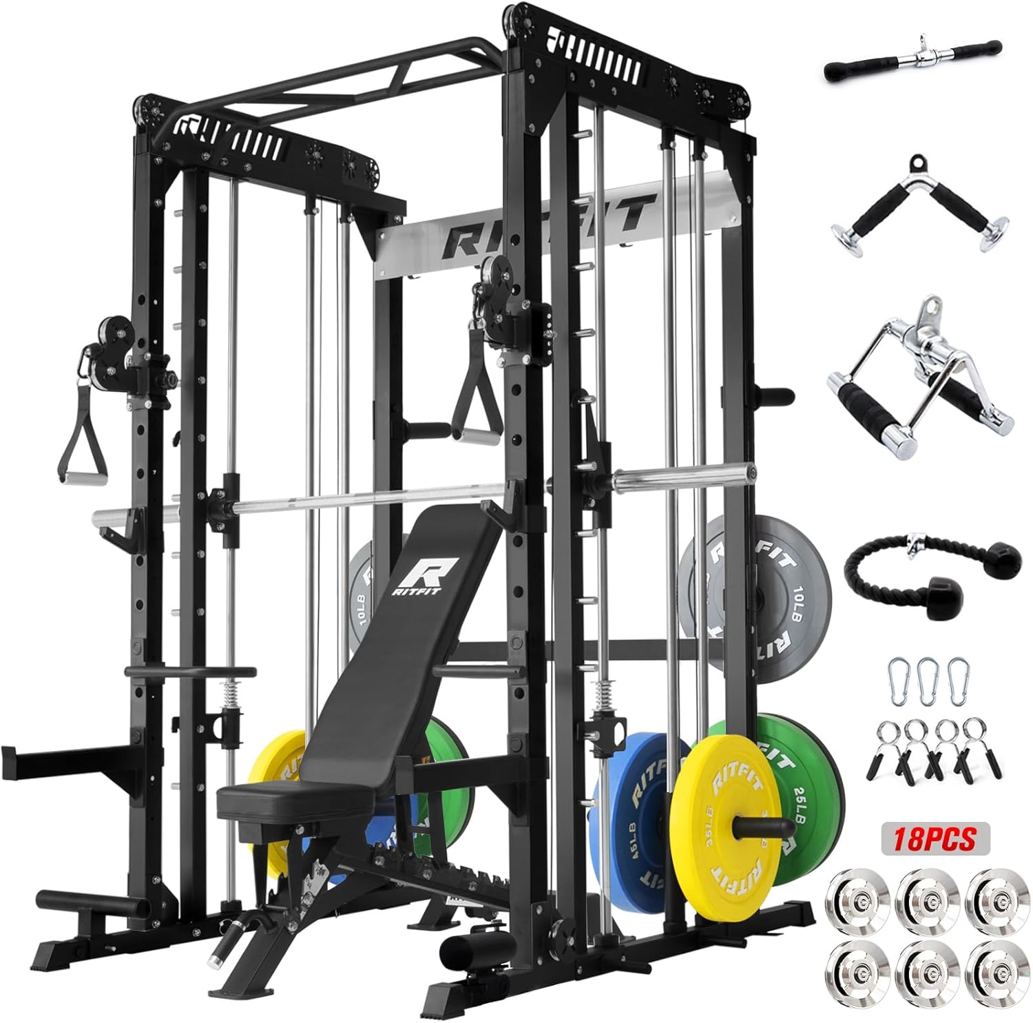 RitFit M1 Pro Smith Machine Package, All-in-One Power Cage with Weight Stack Set, Includes LAT Pulldown & Cable Crossover System for Home Gyme