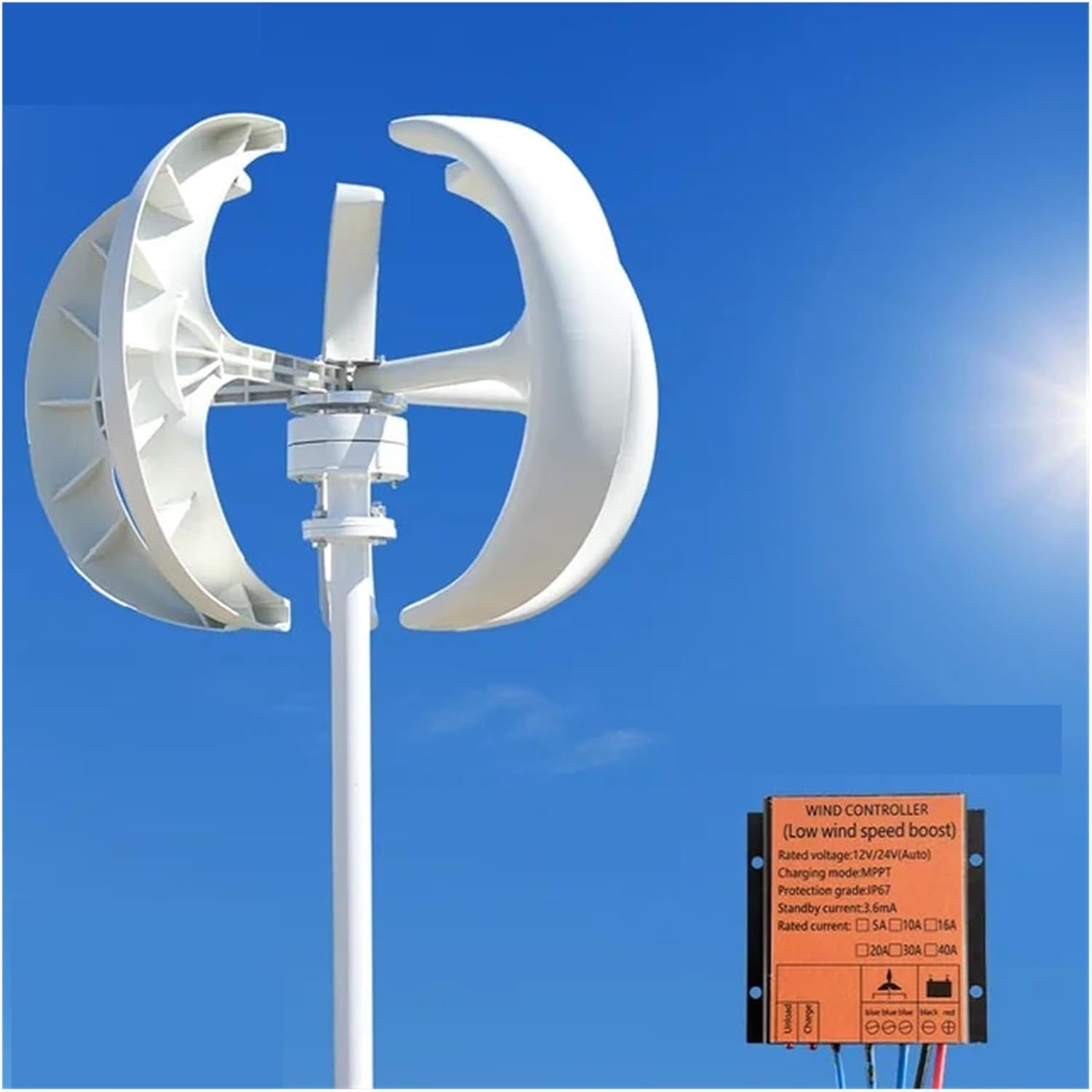 5000W Wind Turbine Generator Vertical Axis Wind Turbine Generator Low Noise Low Start Wind Speed 12V 24V 48V Windmill With MPPT Charger Low Starting Speed for Home(White,WITH MPPT CHARGER_48V)