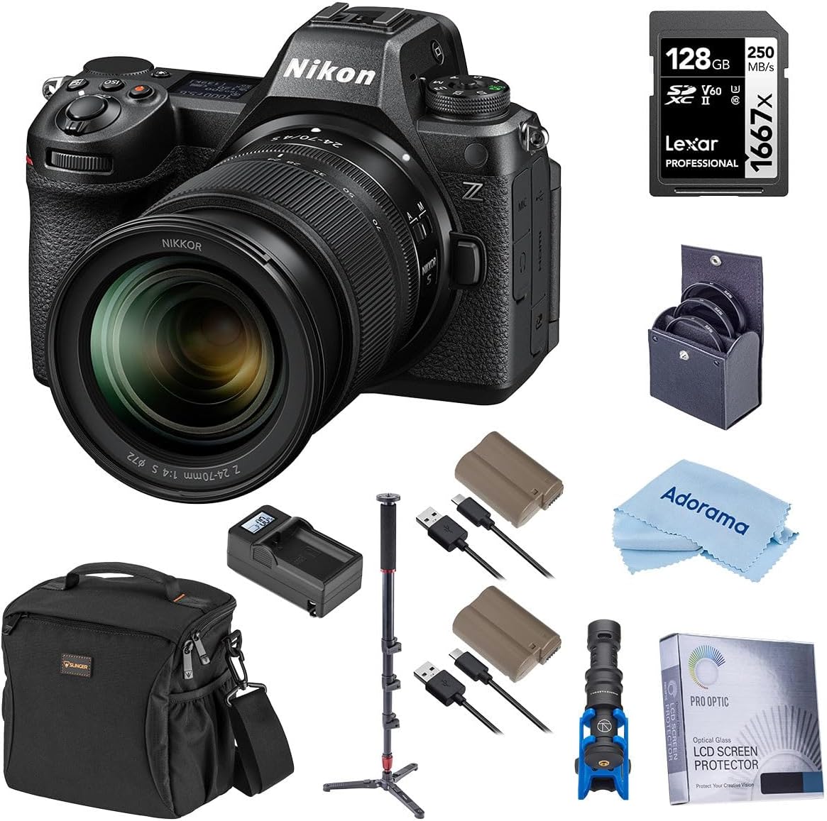 Nikon Z6III Mirrorless Camera with NIKKOR Z 24-70mm f/4 S Lens, Bundle with Filter Kit, 128GB Memory Card, Battery, Monopod Stick, Microphone, Charger Kit