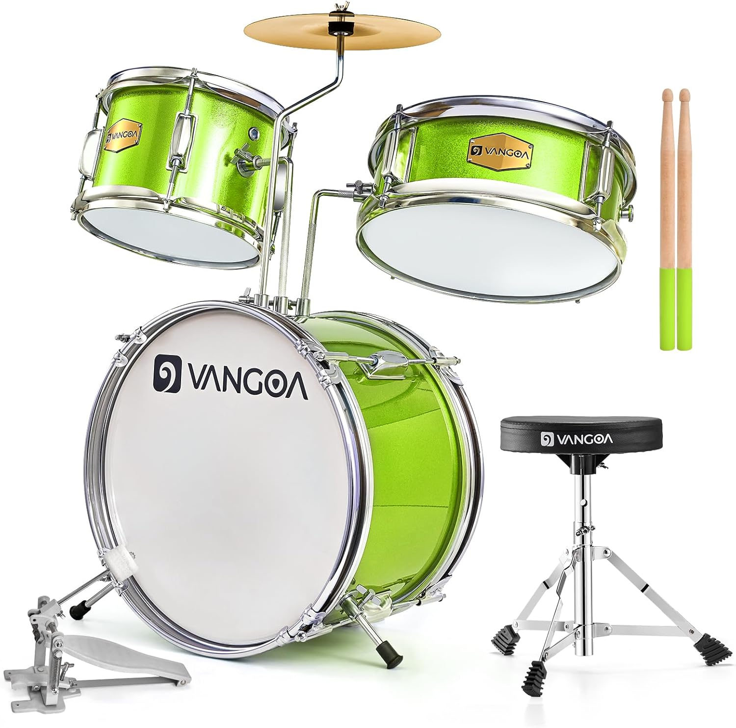 Kids Drum Set, 14 Inch Beginner Drum Kits, 3 Piece Drum Set for Kids Boys Girls Age 3-7, with Adjustable Throne, Cymbal Pedal, Drumsticks, Bright Green