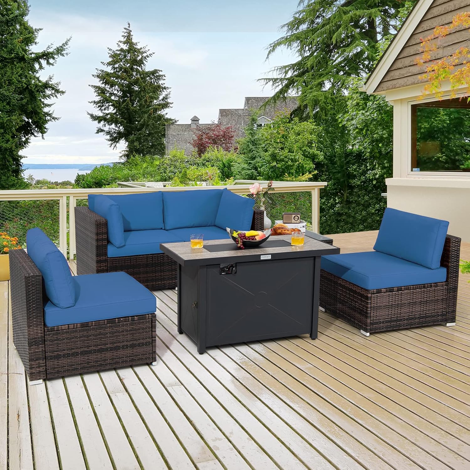 COSTWAY 6 Piece Patio Furniture Set with 42'' Fire Pit Table, Outdoor Wicker Rattan Sectional Conversation Set with 4'' Thickened Cushions, Armless Sofa and Side Coffee Table for Backyard (Navy)