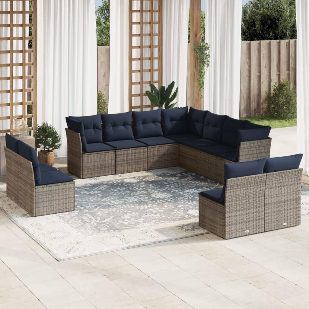 11 Piece Patio Sofa Set, Gray Poly Rattan Outdoor Furniture with Navy Cushions, Modular Garden Seating for Backyard, Terrace, Balcony