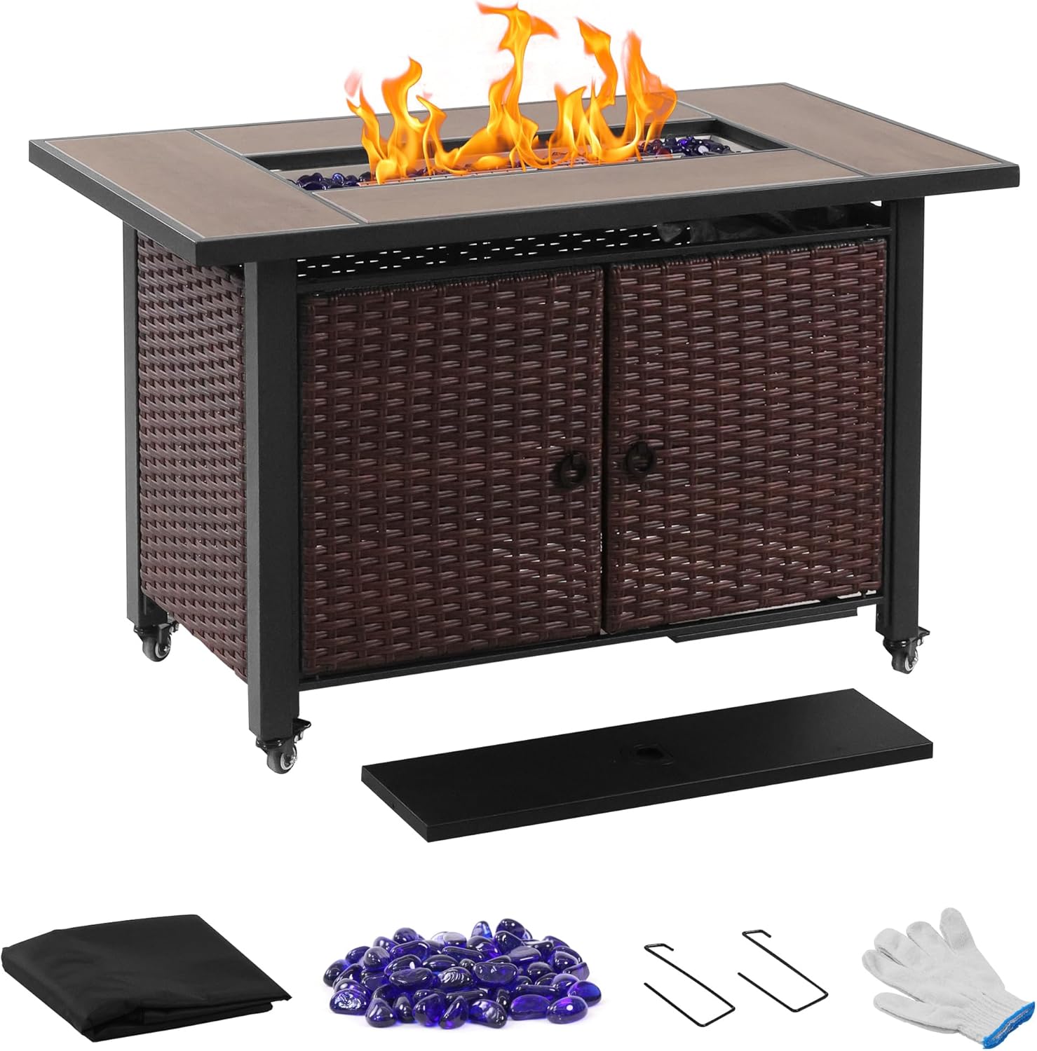 43 Inch Outdoor Fire Table with Ceramic Tile Tabletop Propane Fire Pit Table 60,000 BTU Gas FirePit CSA Certified Wicker Rattan Fire Table with Lid Glass Rock Wheels Waterproof Cover Gloves